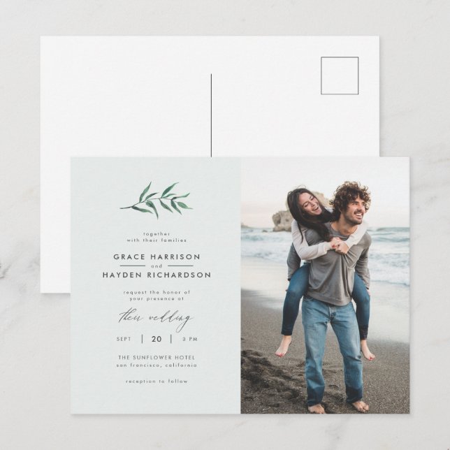 Chic Simple Blue & Green Branch Wedding Foto Einladungspostkarte (Vorne/Hinten)