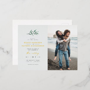 Chic Simple Blue & Green Branch Wedding Foto Folie Einladungspostkarte