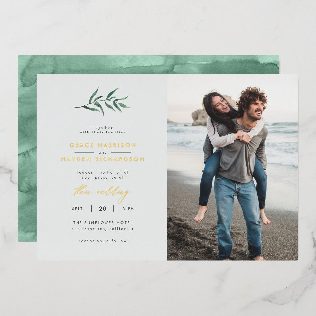 Chic Simple Blue & Green Branch Wedding Foto Folieneinladung (Vorderseite/Rückseite)