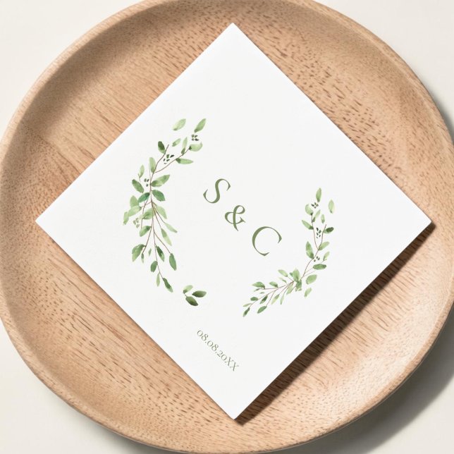 Chic Simple Custom Monogram Wreath Wedding Serviette (Monogram greenery, wedding napkins)