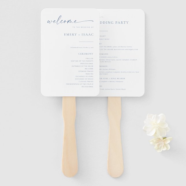 Chic + Simple Modern Wedding Program Fans | Blau Fächer (Vorne und Hinten)