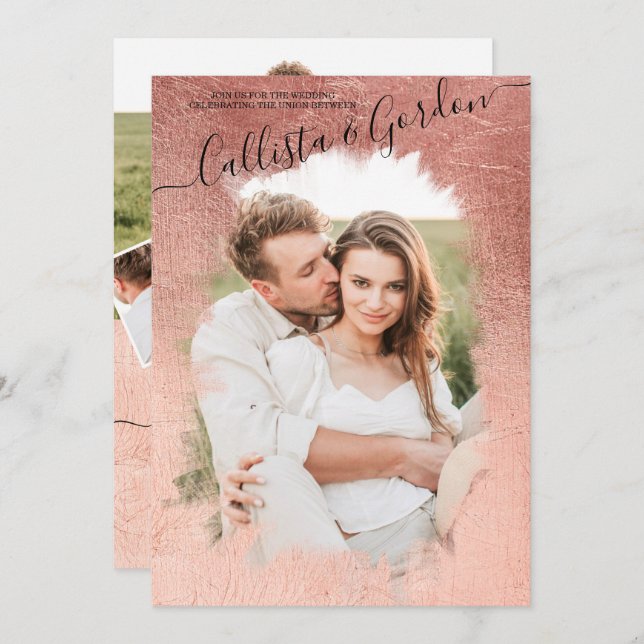 Chic Simple Rose Gold Script Foto Collage Wedding Einladung (Vorne/Hinten)