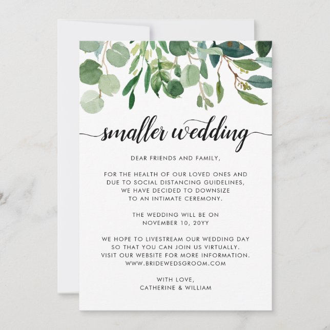 Chic Small Wedding Downsize Change Plans Ankündigung (Vorderseite)