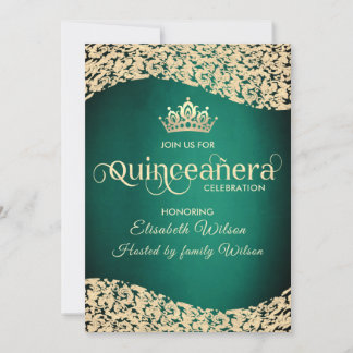 Chic Smaragdgrün Golddamask tiara Quinceañera Einladung