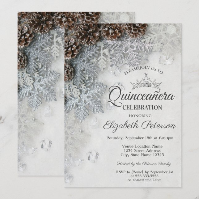 Chic Snowflakes Pine Cones Quinceañera  Einladung (Vorne/Hinten)