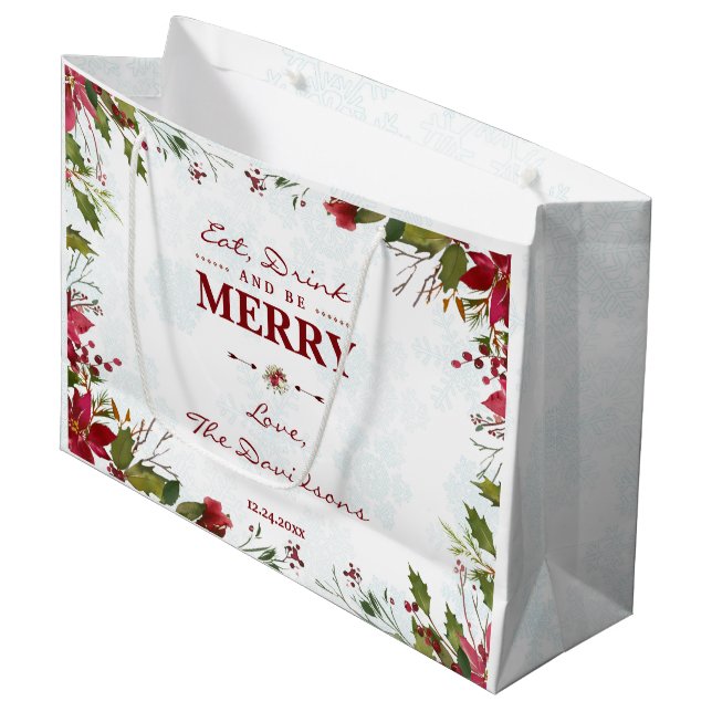 Chic Snowflakes Poinsettia Eat Drink & be Merry Große Geschenktüte (Vorderseite Schrägansicht)
