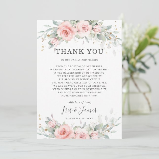 Chic Soft Hued Blush Pink Blumengrün Hochzeit Dankeskarte (Stehend Vorderseite)