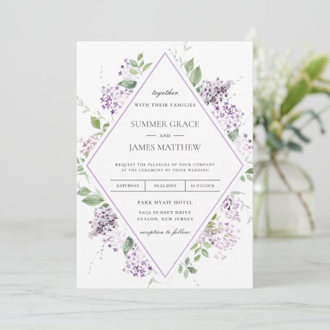 Chic Soft Lilac Lila Blumengrün Hochzeit I Einladung (Stehend Vorderseite)