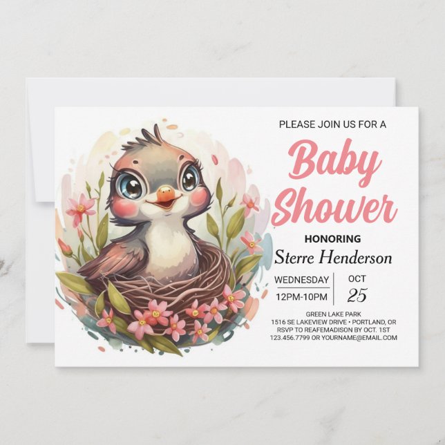 Chic Songbird Woodland Bird Baby Dusche Einladung (Vorderseite)