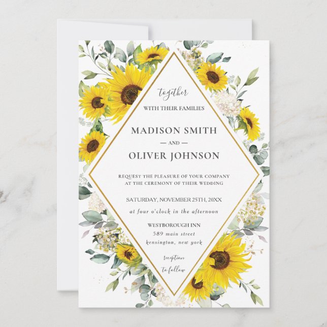 Chic Sonnenblumen Blumengrün Geometrische Hochzeit Einladung (Vorderseite)