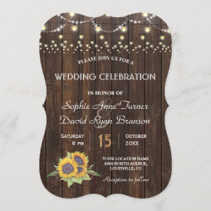 Chic Sonnenblumen String Lights Old Wood Wedding Einladung