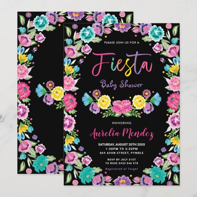 Chic Spanish Mexican Floral Fiesta Baby Dusche Einladung (Vorne/Hinten)