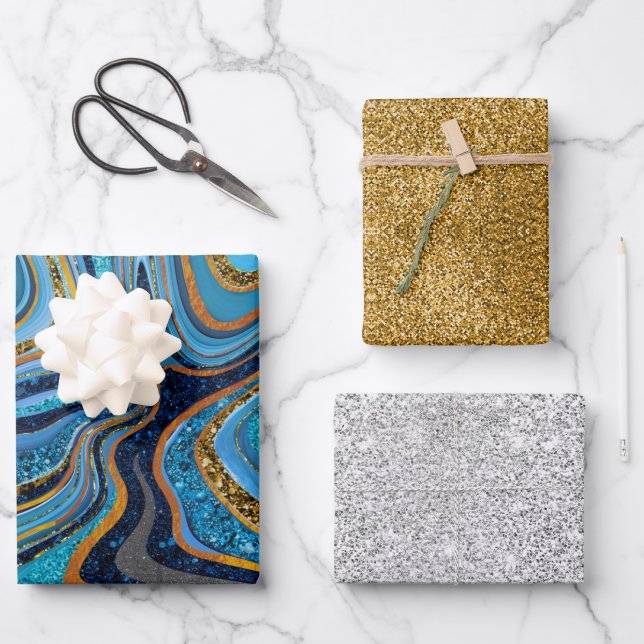 Chic Sparkle Glitzer Marmor Art Blue Gold Geschenkpapier Set (Vorderseite)