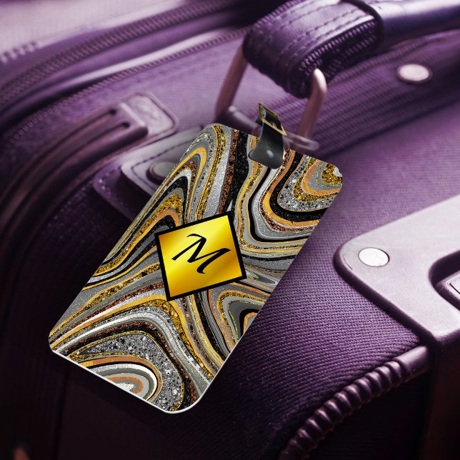 Chic Sparkle Glitzer Marmor Art Graugold Monogramm Gepäckanhänger (Von Creator hochgeladen)