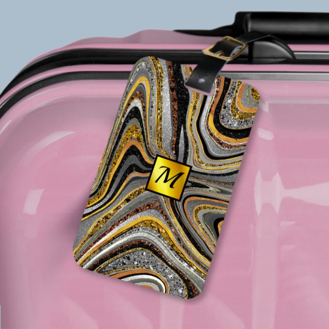 Chic Sparkle Glitzer Marmor Art Graugold Monogramm Gepäckanhänger (Von Creator hochgeladen)