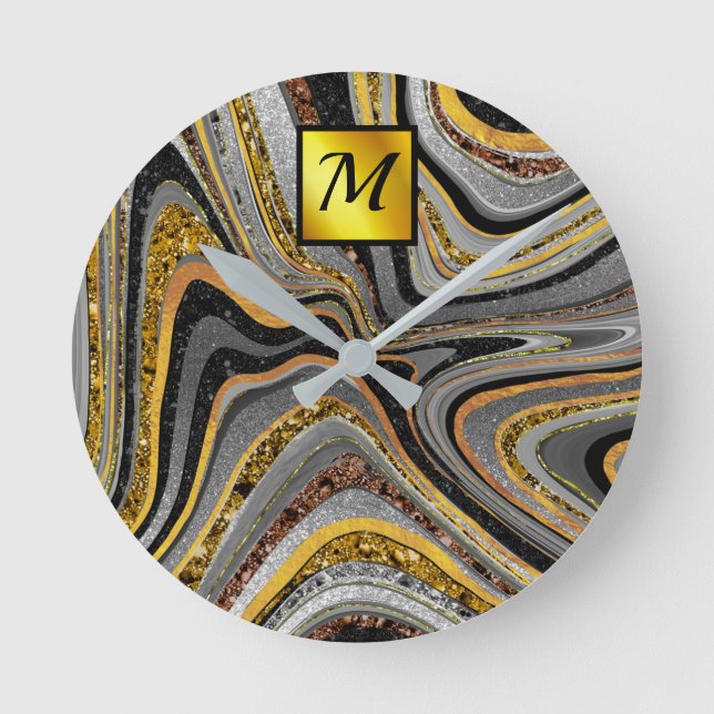 Chic Sparkle Glitzer Marmor Art Graugold Monogramm Runde Wanduhr (Vorderseite)