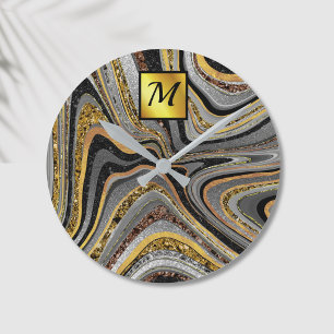 Chic Sparkle Glitzer Marmor Art Graugold Monogramm Runde Wanduhr