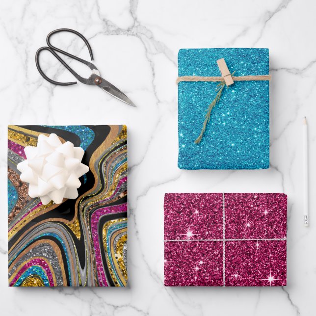 Chic Sparkle Glitzer Marmor blau pink Geschenkpapier Set (Vorderseite)