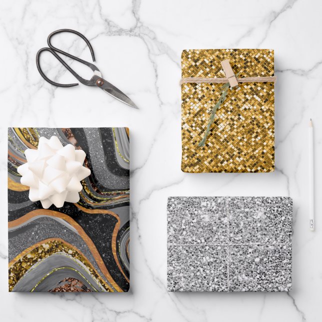 Chic Sparkle Glitzer Marmor grau Gold Geschenkpapier Set (Vorderseite)