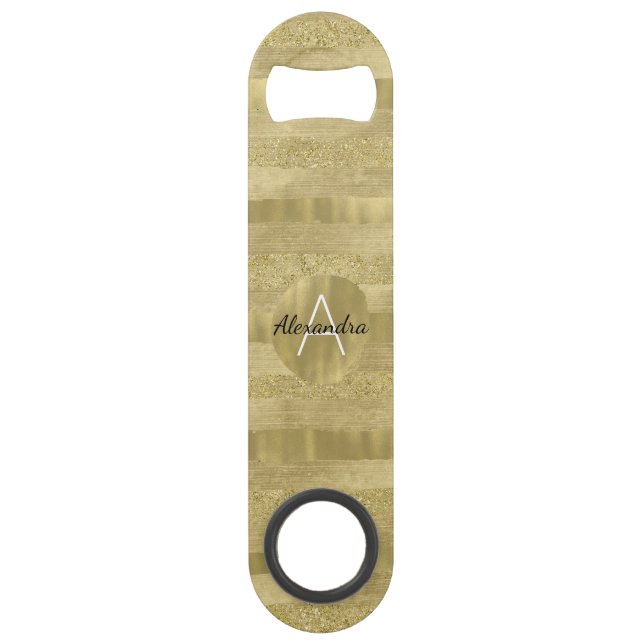 Chic Sparkle Gold Stripes Monogram Speedflaschenöffner (Vorderseite)