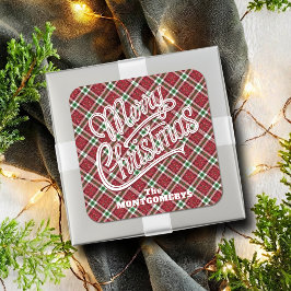 Chic Sparkly Plaid Christmas  Quadratischer Aufkleber