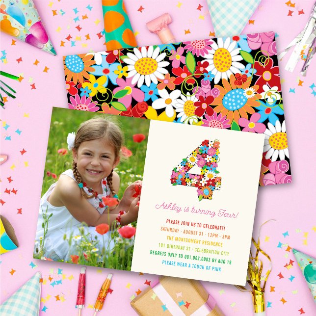 Chic Spring Flowers Garden Foto Girl Einladung (Chic Colorful Whimsical Spring Flowers Garden Photo Girl 4th Birthday Party Invitation @ fatfatin)