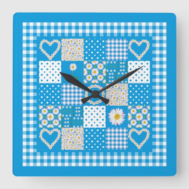Chic Square Wall Clock: Daisychains Imitate Patchw Quadratische Wanduhr (Vorderseite)