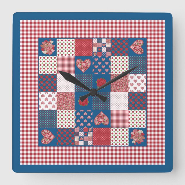 Chic Square Wall Clock, Imitate Patchwork, Gingham Quadratische Wanduhr (Vorderseite)