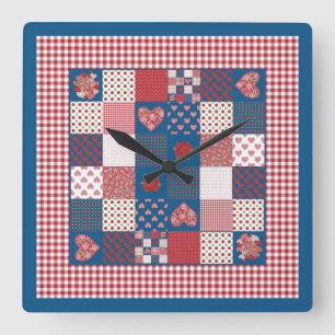 Chic Square Wall Clock, Imitate Patchwork, Gingham Quadratische Wanduhr