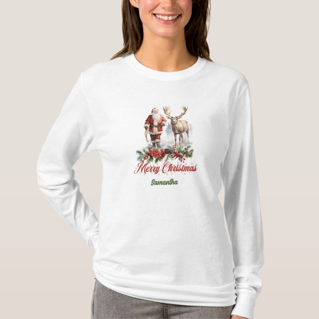 Chic Standard Rot und Grün Santa mit Rentieren T-Shirt (Vorderseite)
