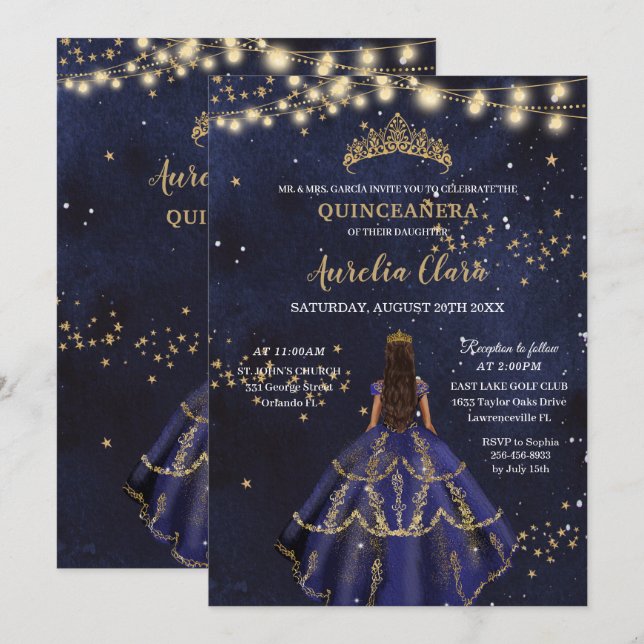 Chic Starry Night Navy Blue Dress Gold Quinceañera Einladung (Vorne/Hinten)