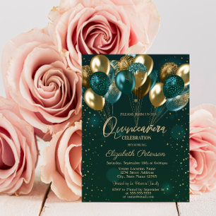 Chic stilvolle goldgrüne Ballons Grüne Quinceañera Einladung