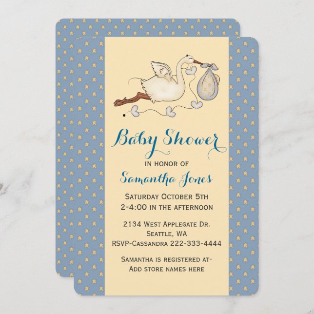 Chic Stork Baby Boy Douche Invitation (Devant / Derrière)