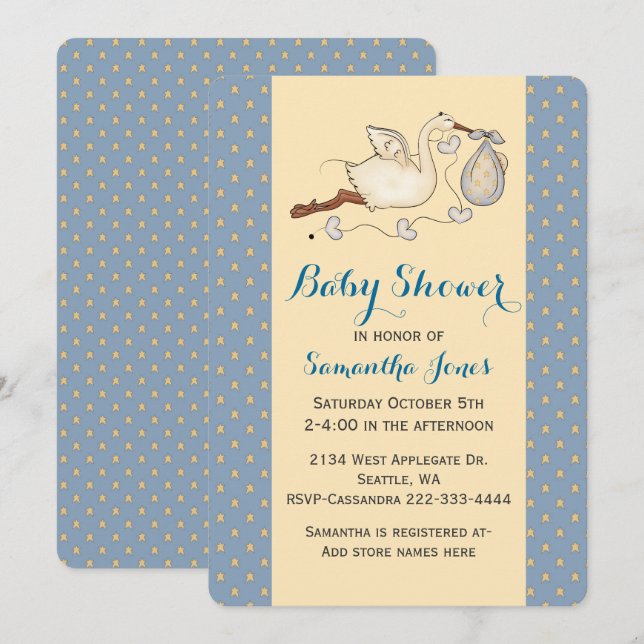 Chic Stork Baby Boy Shower Einladung (Vorne/Hinten)