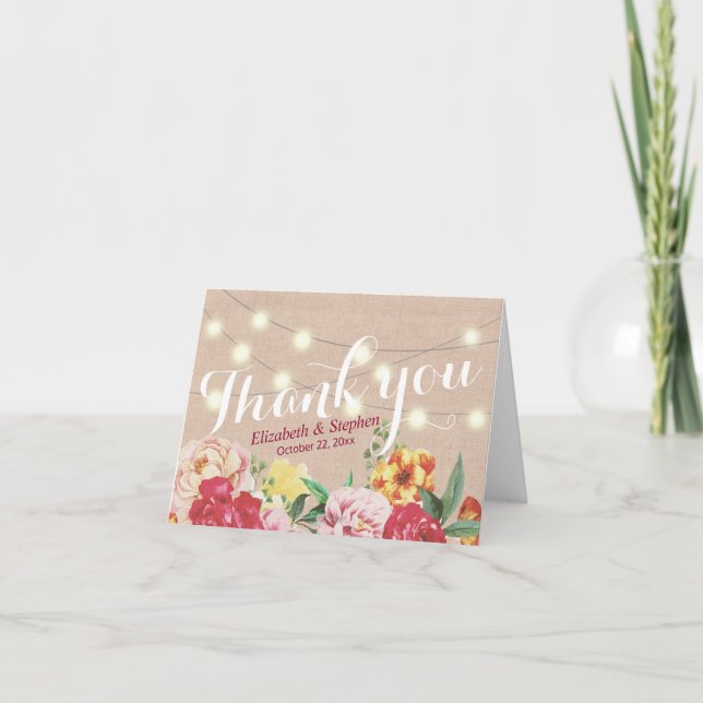 Chic String Lights Linen Floral Wedding Vielen Dan Dankeskarte (Vorderseite)