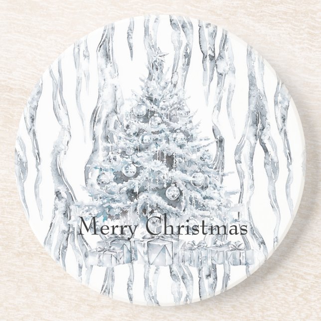Chic Stripes Silver Weihnachtsbaum Getränkeuntersetzer (Vorne)