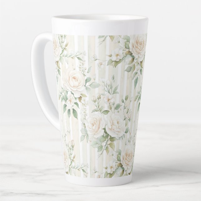 Chic Stripes White Floral Romantische Hochzeit Milchtasse (Linke Ecke)
