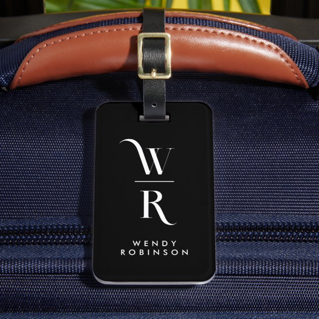 Chic Stylish Black Two Monogram Initial Gepäckanhänger (Vorderseite Insitu 2)