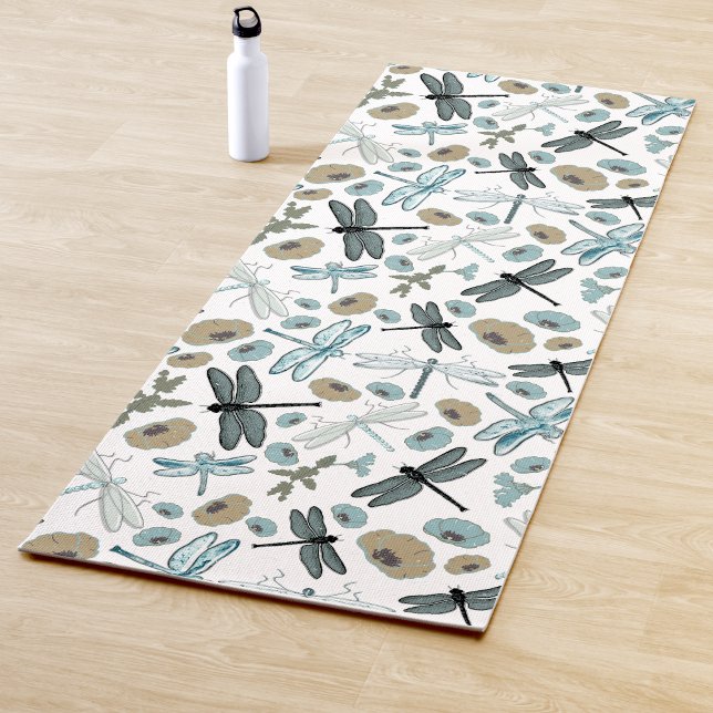 Chic Stylish Dragonfly Blume Blues Gray Yogamatte (Chic Stylish Dragonfly Flowers Blues Gray Yoga Mat from Jenn's Emporium. )