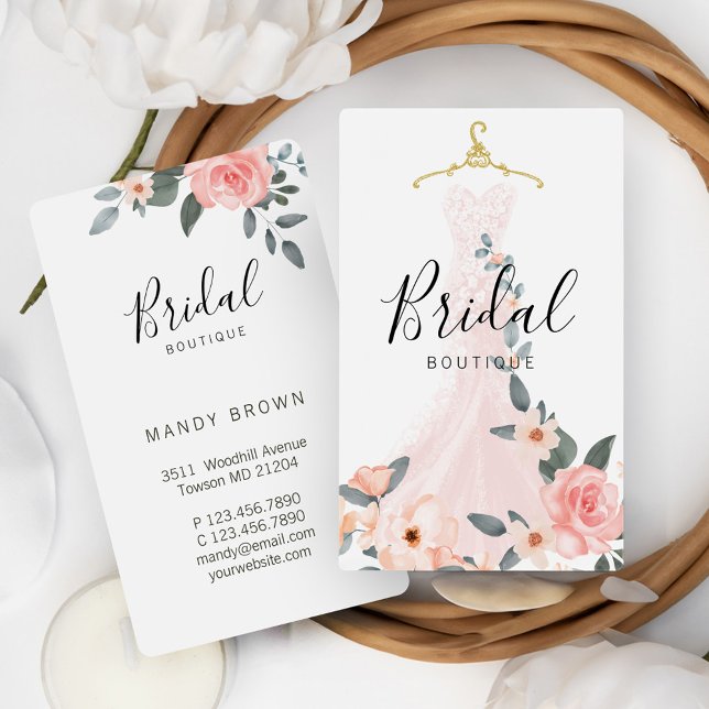 Chic Stylish Floral Wedding Dress Bridal Boutique Visitenkarte (Chic Stylish Floral Wedding Dress Bridal Boutique Business Card)