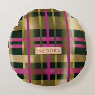 Chic & Stylish Fuchsia Green Kariert Personalisier Rundes Kissen
