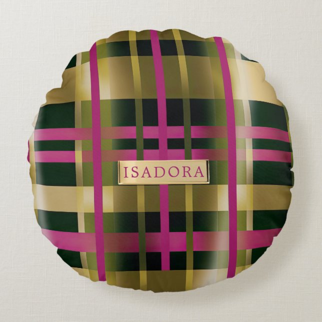 Chic & Stylish Fuchsia Green Kariert Personalisier Rundes Kissen (Vorderseite)
