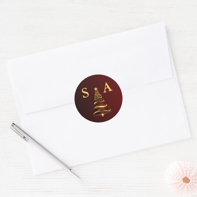 Chic Stylish Gold Christmas Tree Monogram Wedding Runder Aufkleber (Umschlag)