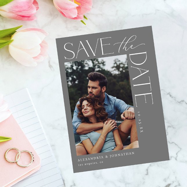 Chic Stylish Mod Foto Save the Date 2 Grau Einladung (Von Creator hochgeladen)