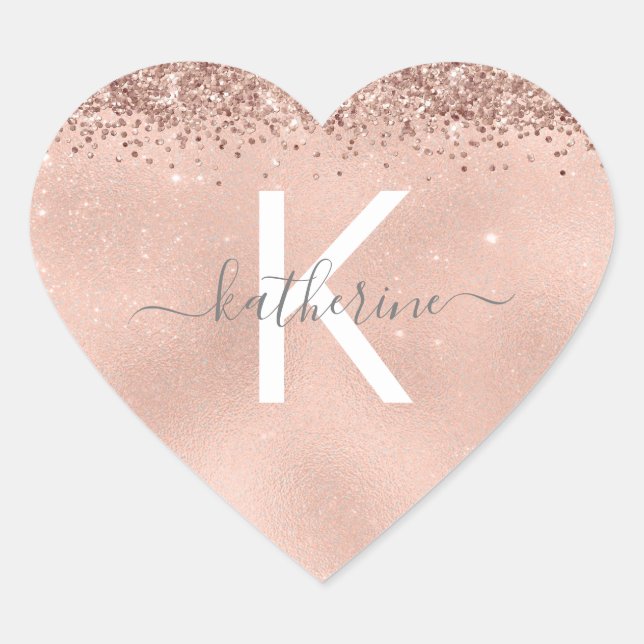 Chic Stylish Rose Gold Glitzer Monogram Name Herz-Aufkleber (Vorderseite)