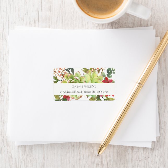 Chic Succulent Desert Cactus Red Floral Address Adressaufkleber (Insitu)