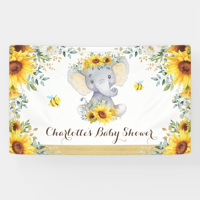 Chic Summer Sunflower Elephant & Bees Baby Dusche Banner (Horizontal)