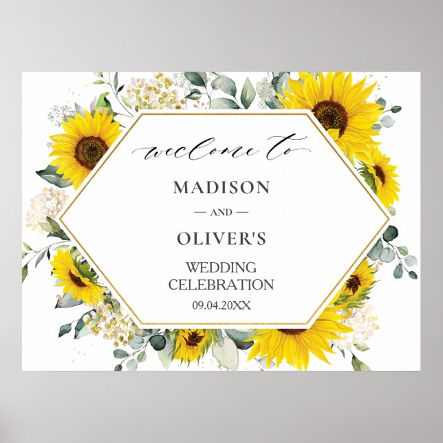 Chic Sunflower Blues Hochzeit Begrüßungszeichen Poster (Vorne)