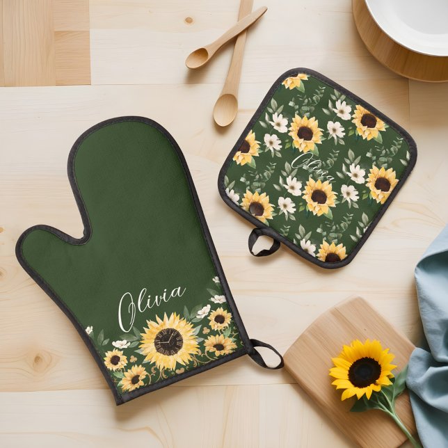 Chic Sunflower Blumenmuster Benutzerdefinierter Sk Ofenhandschuh & Topflappen-Set (Chic Sunflower Floral Pattern Custom Script Name Oven Mitt & Pot Holder Set)