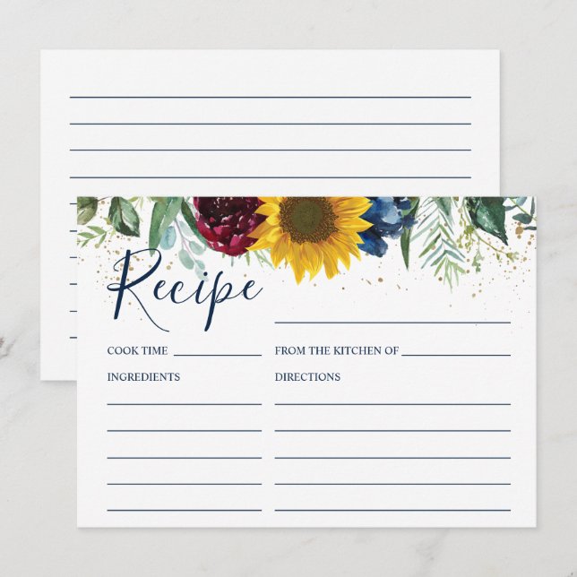 Chic Sunflower Brautparty Rezept Card Begleitkarte (Vorne/Hinten)